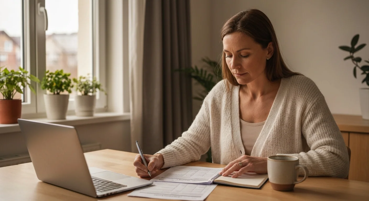 Frau Mitte dreißig sortiert Unterlagen zum Aufstiegs-BAföG-Antrag am Küchentisch mit Laptop und Kaffeetasse