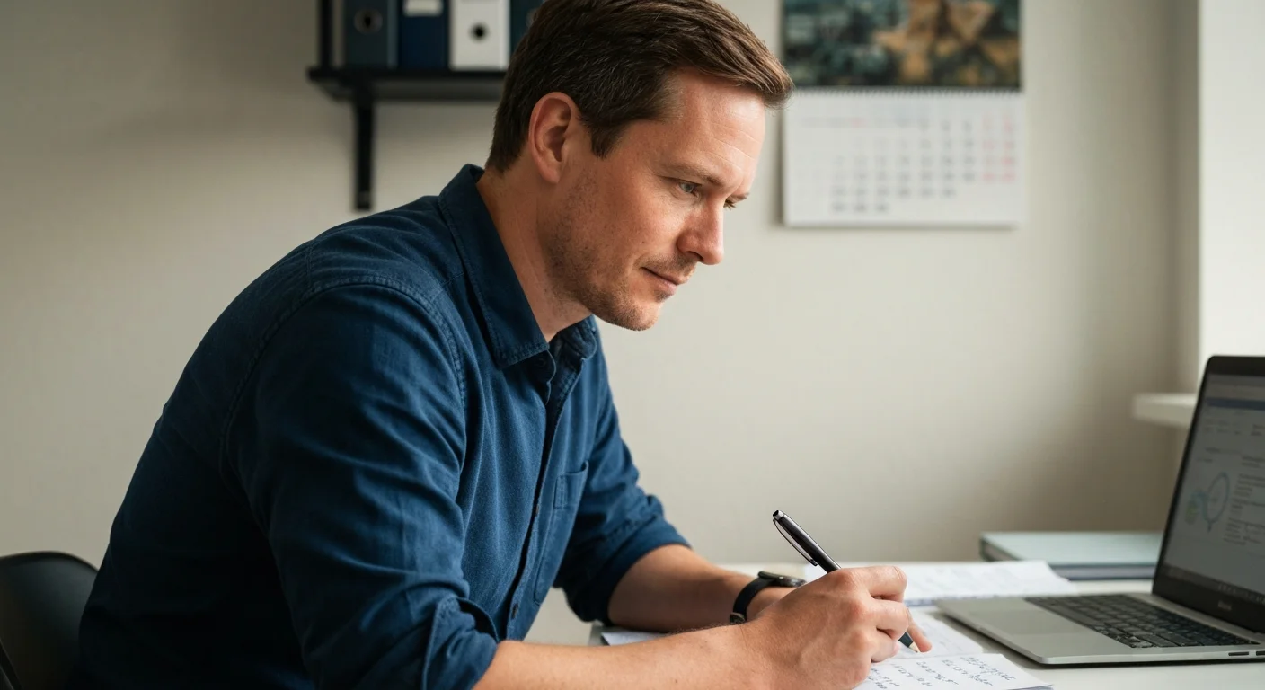 Mann prüft am Laptop verschiedene Förderoptionen für eine KI-Weiterbildung, Notizblock mit Vergleichstabelle daneben