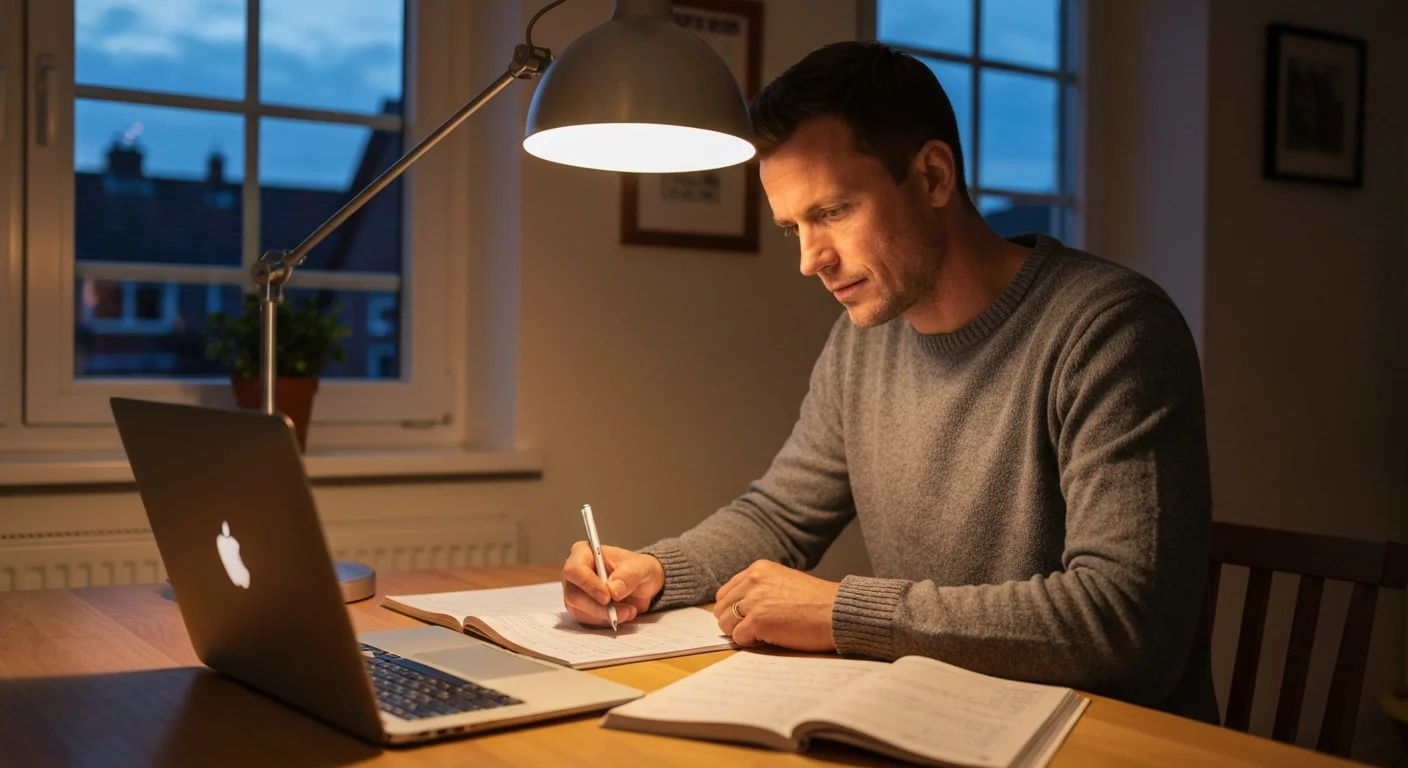 Mann lernt abends am Küchentisch mit Laptop und Lehrbuch für seine berufsbegleitende Aufstiegsfortbildung