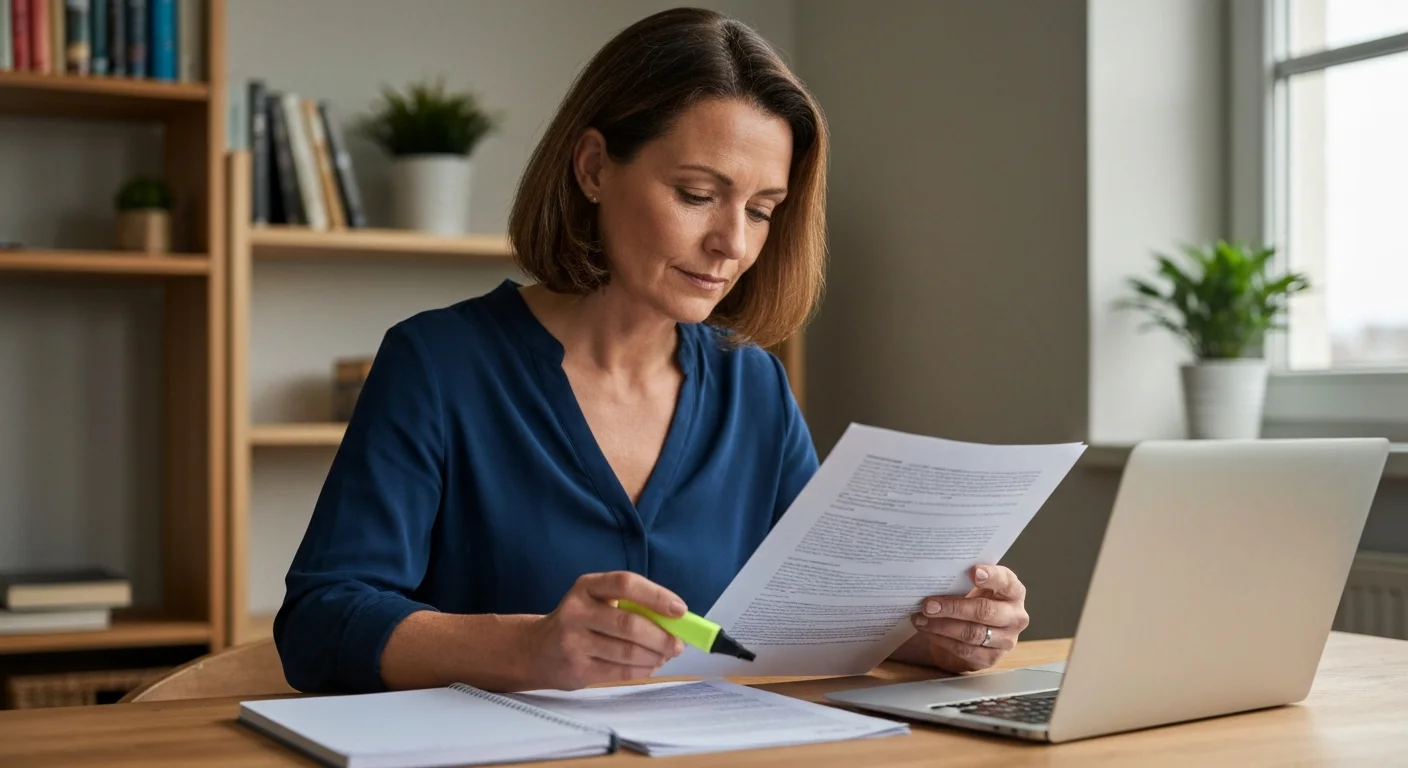 Frau Anfang vierzig liest ein Gesetzesdokument am Schreibtisch mit Notizen und Laptop