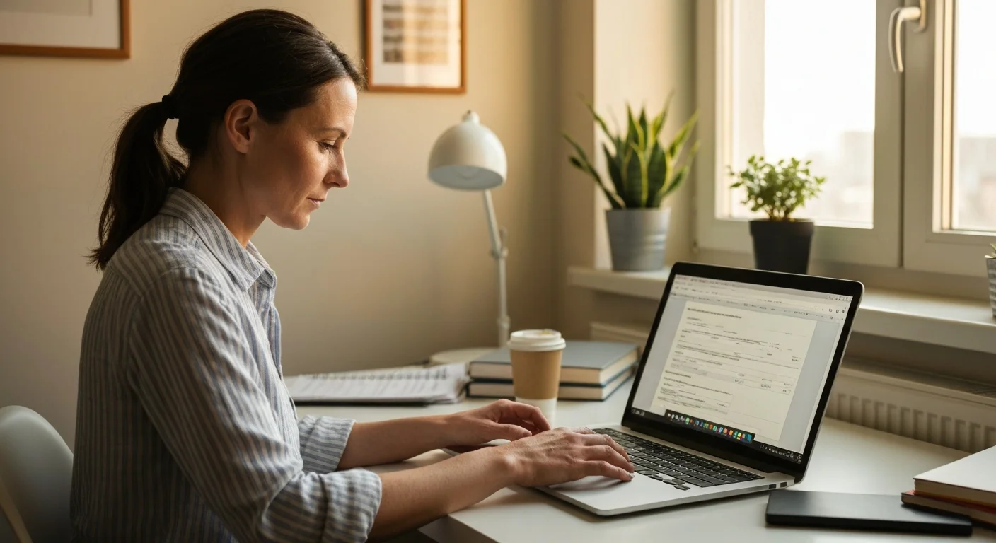 Selbstständige sitzt am Laptop mit geöffnetem Aufstiegs-BAföG-Antragsformular im Hintergrund der Homeoffice