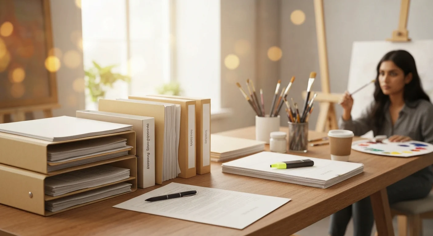 Stapel Dokumente und Ordner für den Aufstiegs-BAföG-Antrag auf einem Schreibtisch sortiert