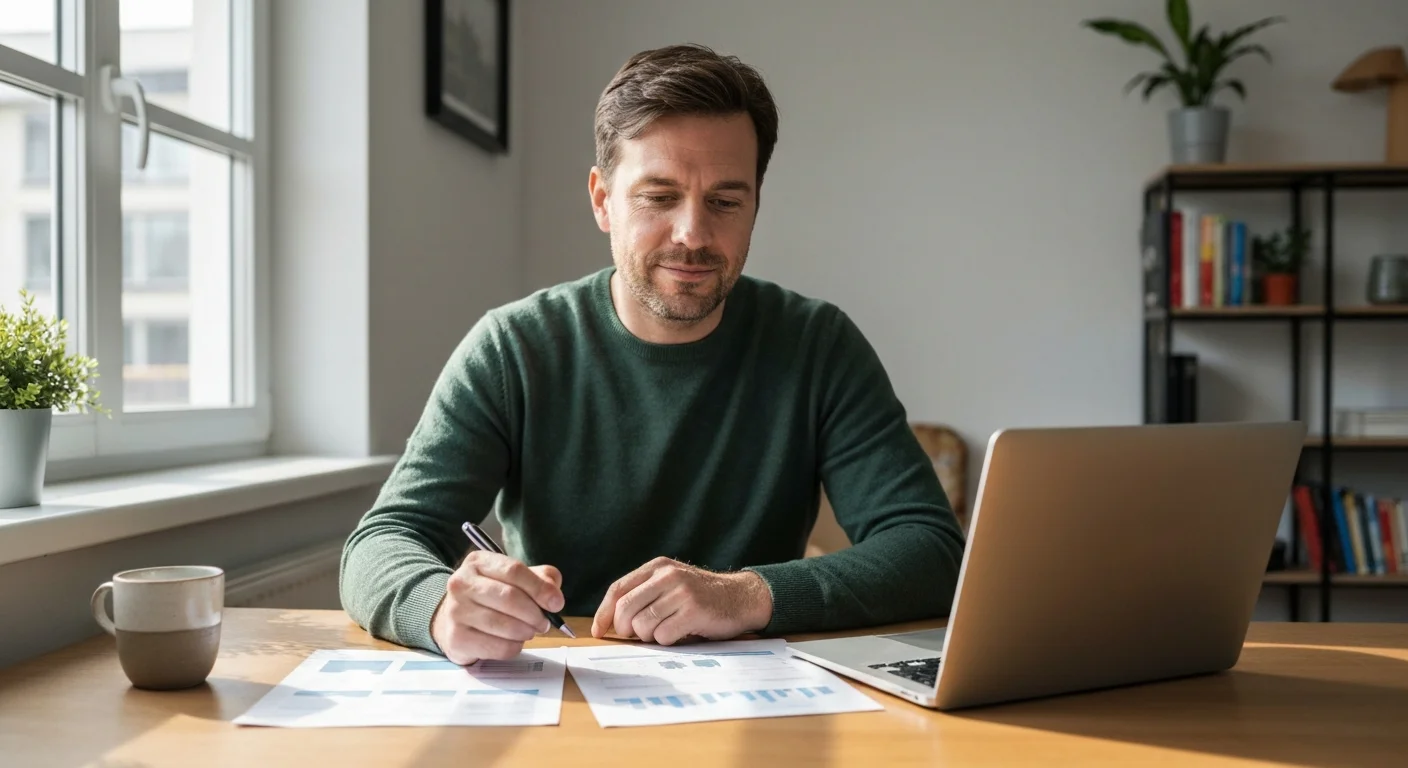 Mann Ende dreißig am Küchentisch mit Laptop und zwei ausgedruckten Informationsblättern beim Vergleichen der Förderwege