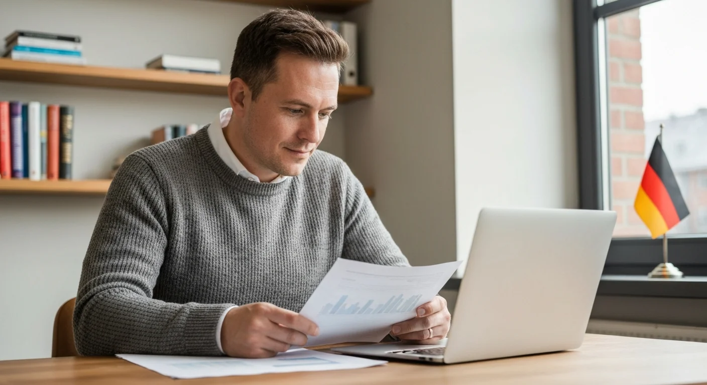 Veteran in ziviler Kleidung studiert am Schreibtisch sein Versorgungsanspruch und plant Übergangsgebührnisse