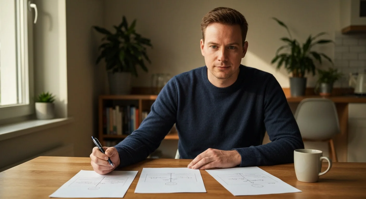 Soldat in Zivilkleidung vergleicht drei Zeitlinien auf einem Notizblock am Küchentisch