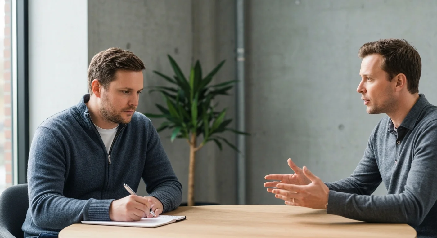 Ehemaliger Soldat in Zivilkleidung bei einem Beratungsgespräch am runden Tisch