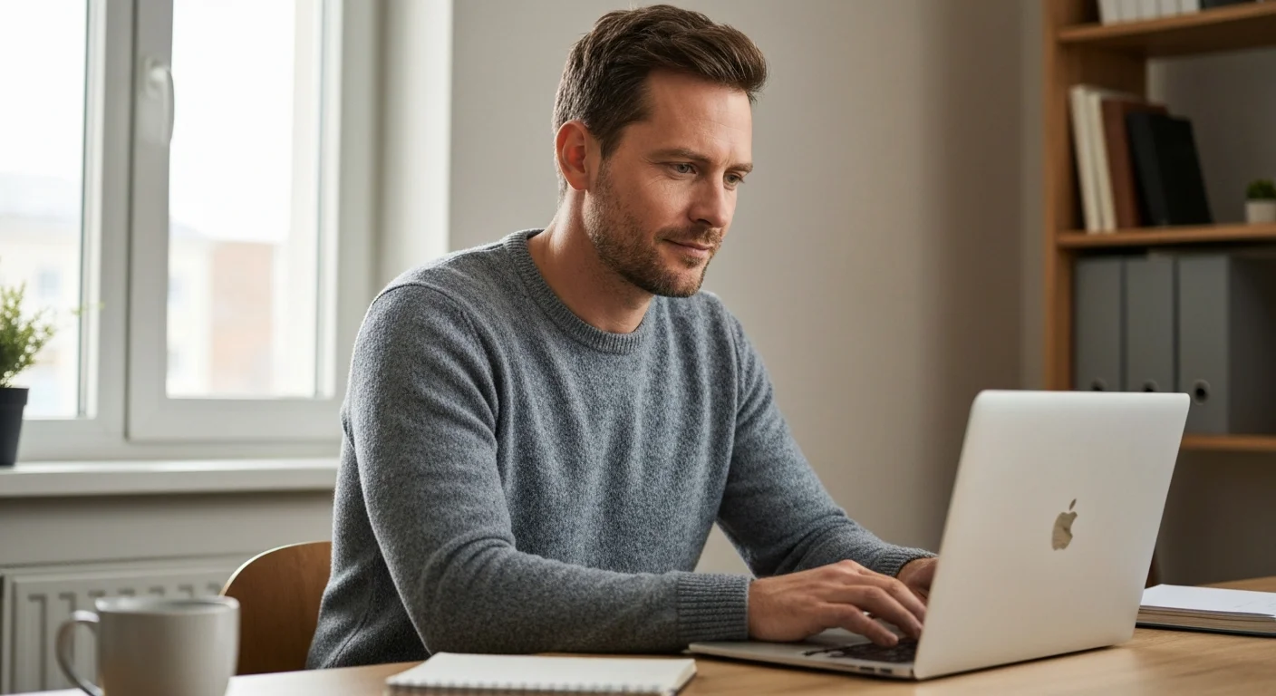 Veteran mit gesundheitlicher Einschränkung arbeitet zuhause am Laptop und bespricht eine angepasste Weiterbildung