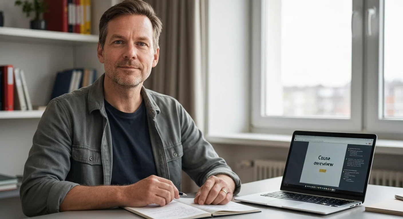 Veteran in Zivilkleidung vor einem Laptop mit einer Weiterbildungs-Übersicht