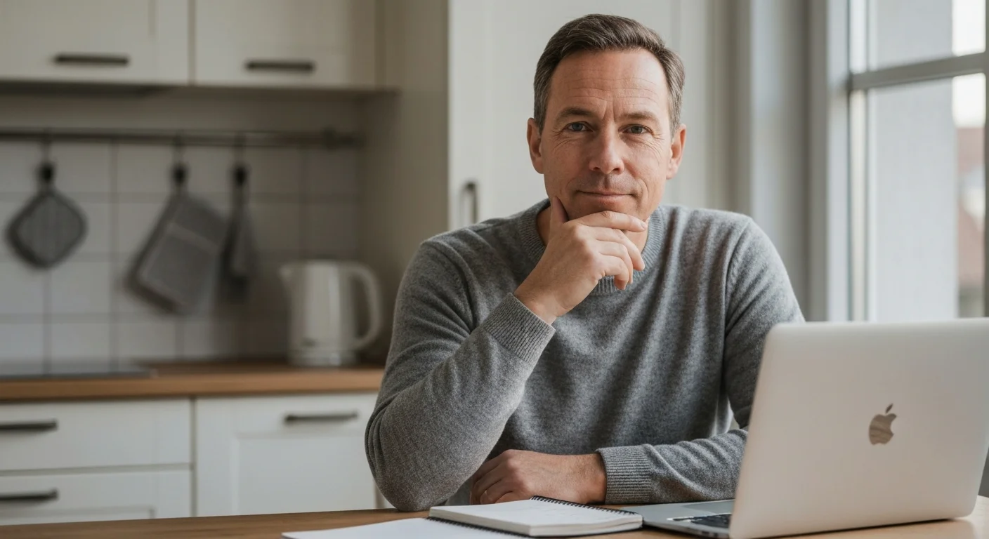 Mann mittleren Alters informiert sich am Laptop über Voraussetzungen für den Bildungsgutschein