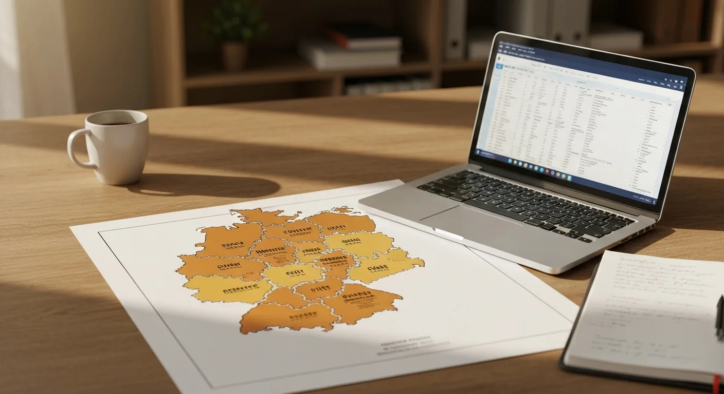 Deutschlandkarte mit markierten Bundesländern neben einem Laptop und Notizblock, Arbeitsplatz eines Förderberaters