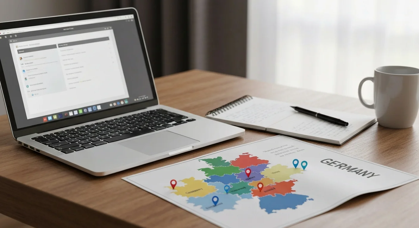 Übersichtskarte mit Markern auf deutschen Bundesländern, Notizbuch mit ESF-Förderprogrammen daneben