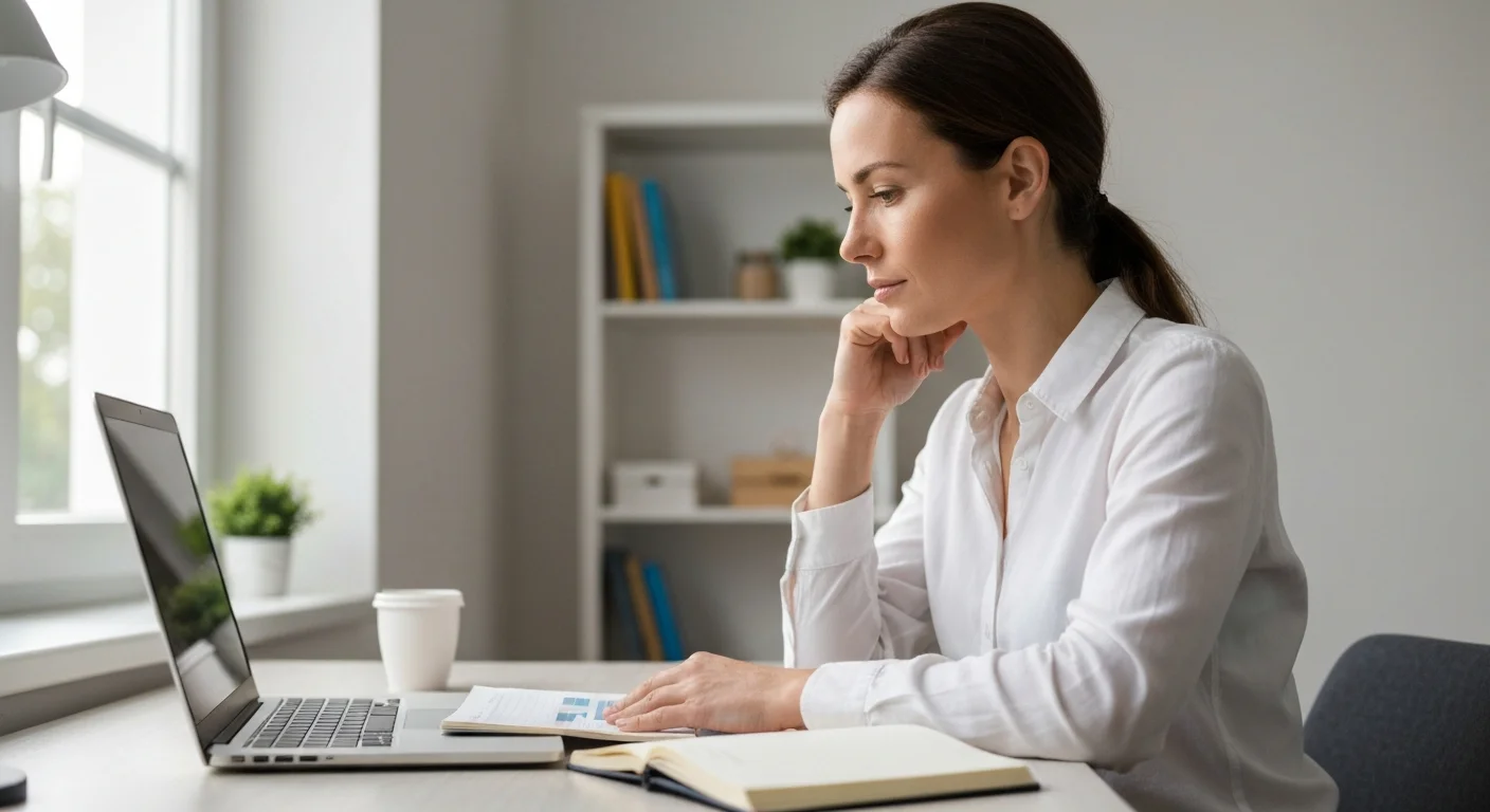 Junge Frau am Schreibtisch recherchiert ESF-Plus-Förderprogramme am Laptop, Notizbuch mit Stichworten daneben