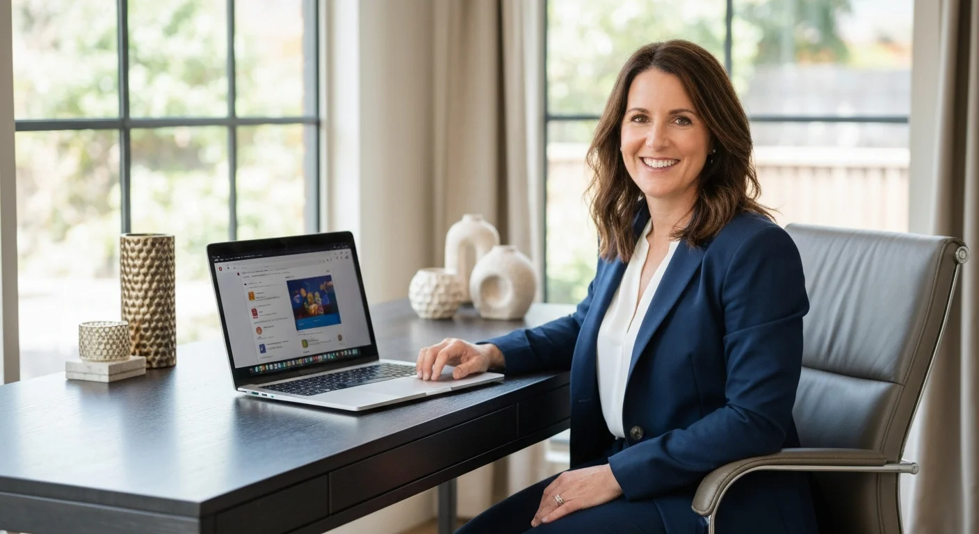 EU-Flagge im Hintergrund, junge Frau am Laptop recherchiert europäische Förderprogramme für Weiterbildung