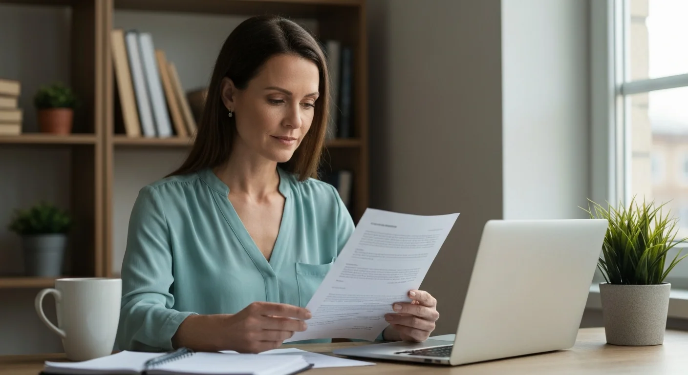 Selbstständige studiert Unterlagen zur Arbeitslosenversicherung und KOMPASS-Förderung am Laptop