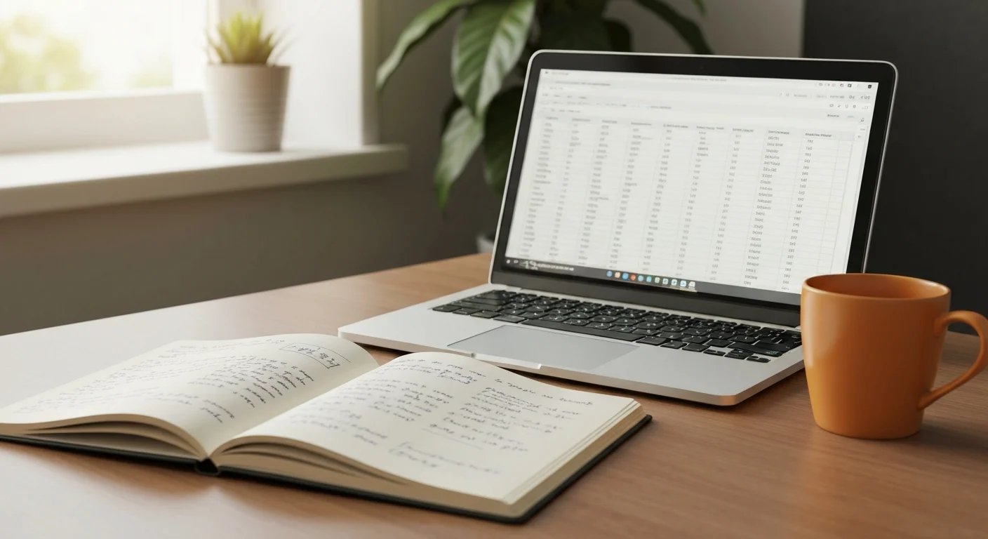 Notizbuch mit Berechnungen zur KOMPASS-Förderhöhe neben Laptop und Kaffeetasse