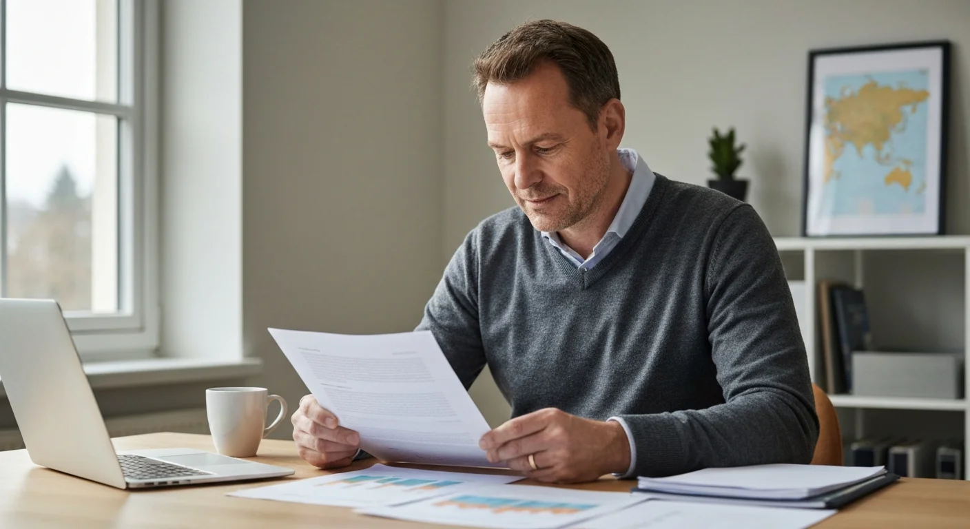 Freiberuflicher Architekt prüft Antragsunterlagen im hellen Home-Office