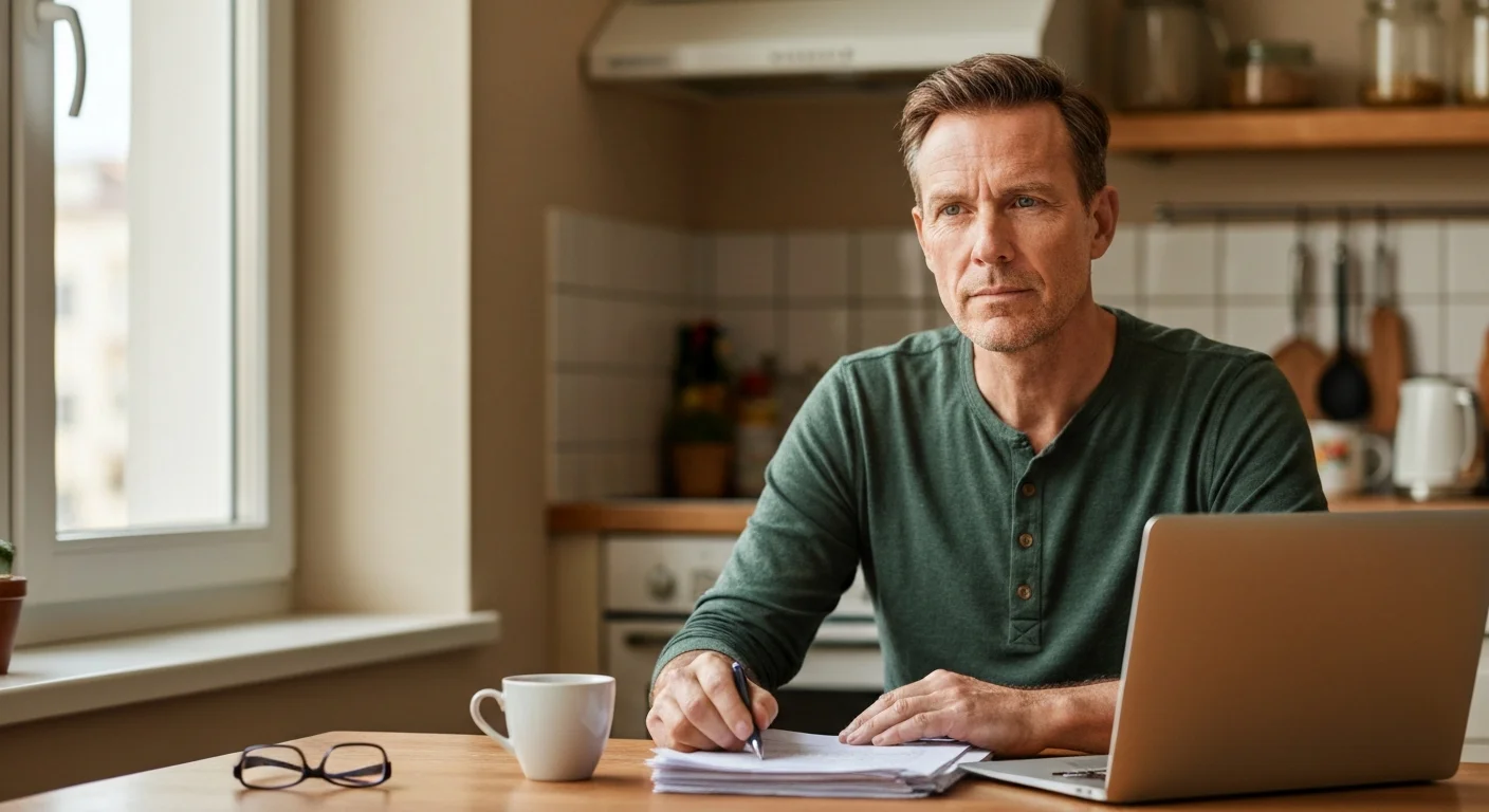 Solo-Selbstständiger prüft am Küchentisch seine Finanzen und Weiterbildungsoptionen im Sonnenlicht