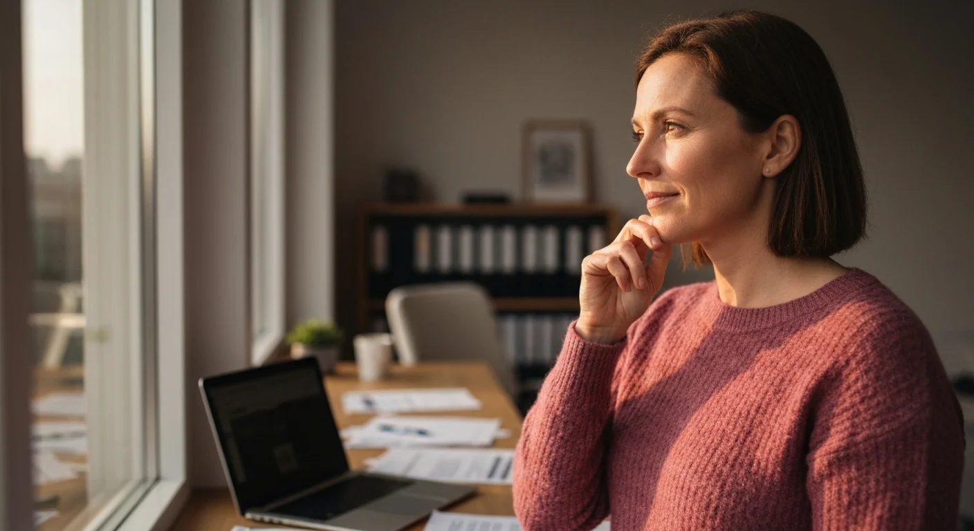 Frau blickt aus dem Fenster, Unterlagen und Laptop auf dem Tisch bereit für den Neustart von KOMPASS