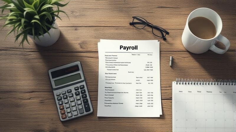 Lohnabrechnung und Taschenrechner auf einem Schreibtisch mit offenem Kalender