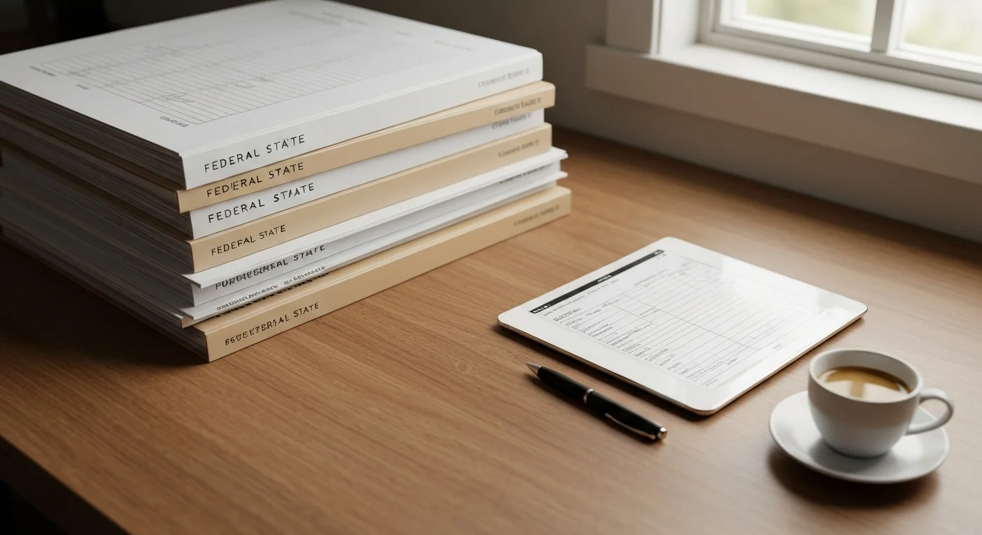 Schreibtisch mit sortierten Unterlagen und Briefumschlägen zur Aufstiegsprämie, daneben ein Tablet mit einem Förderantrag